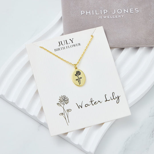 18k Gold Plated July Birth Flower Water Lily Necklace with Card