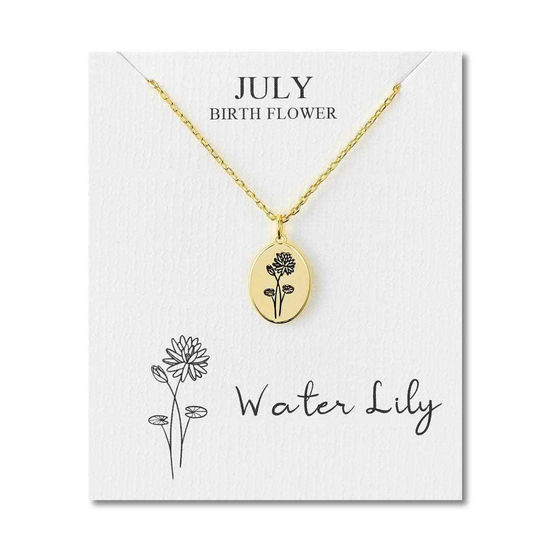 18k Gold Plated July Birth Flower Water Lily Necklace with Card - Philip Jones
