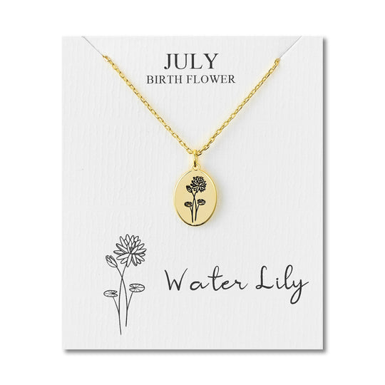 18k Gold Plated July Birth Flower Water Lily Necklace with Card - Philip Jones