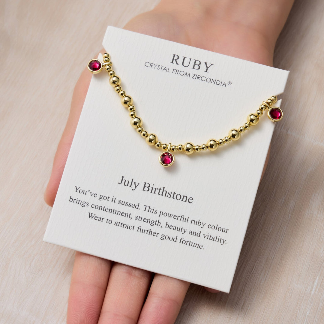 18k Gold Plated July (Ruby) Birthstone Stretch Charm Bracelet with Quote Card - Philip Jones Jewellery
