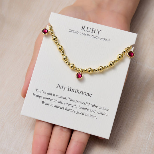 18k Gold Plated July (Ruby) Birthstone Stretch Charm Bracelet with Quote Card - Philip Jones Jewellery