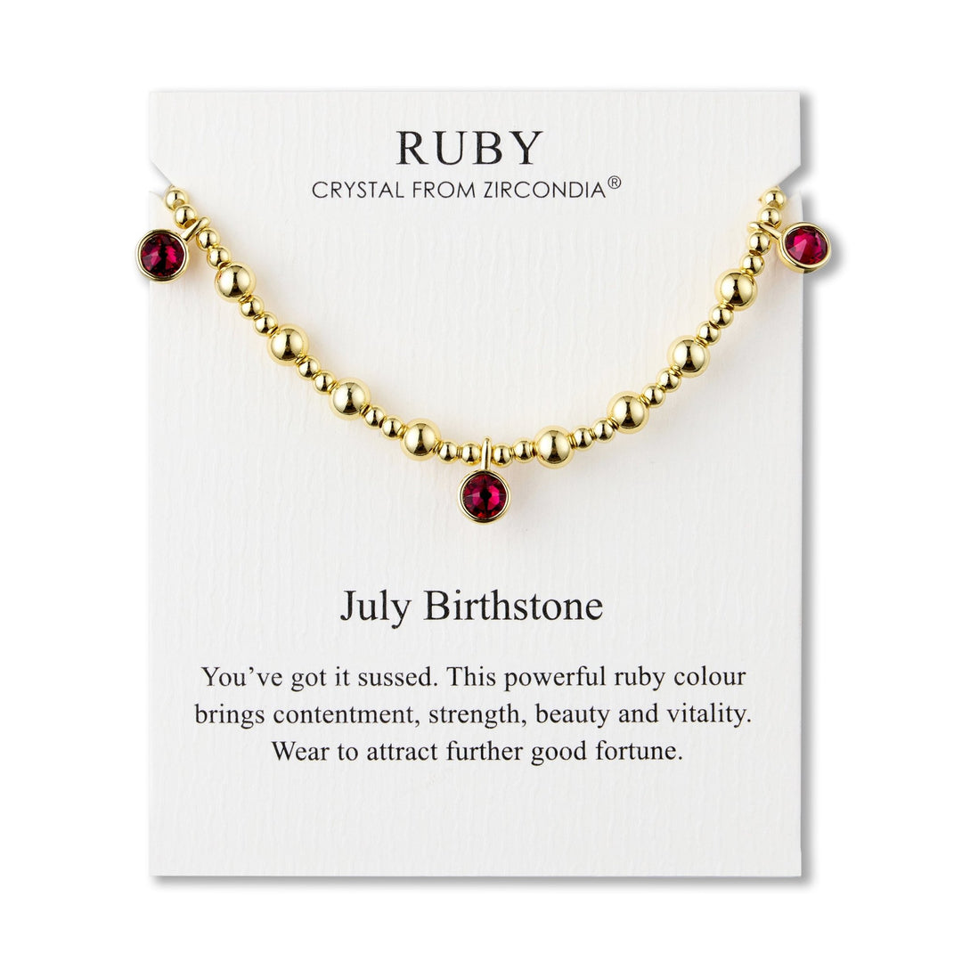 18k Gold Plated July (Ruby) Birthstone Stretch Charm Bracelet with Quote Card - Philip Jones Jewellery
