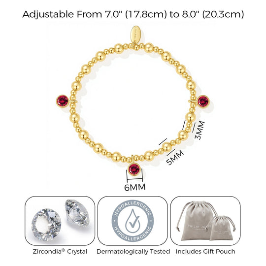 18k Gold Plated July (Ruby) Birthstone Stretch Charm Bracelet with Quote Card - Philip Jones Jewellery