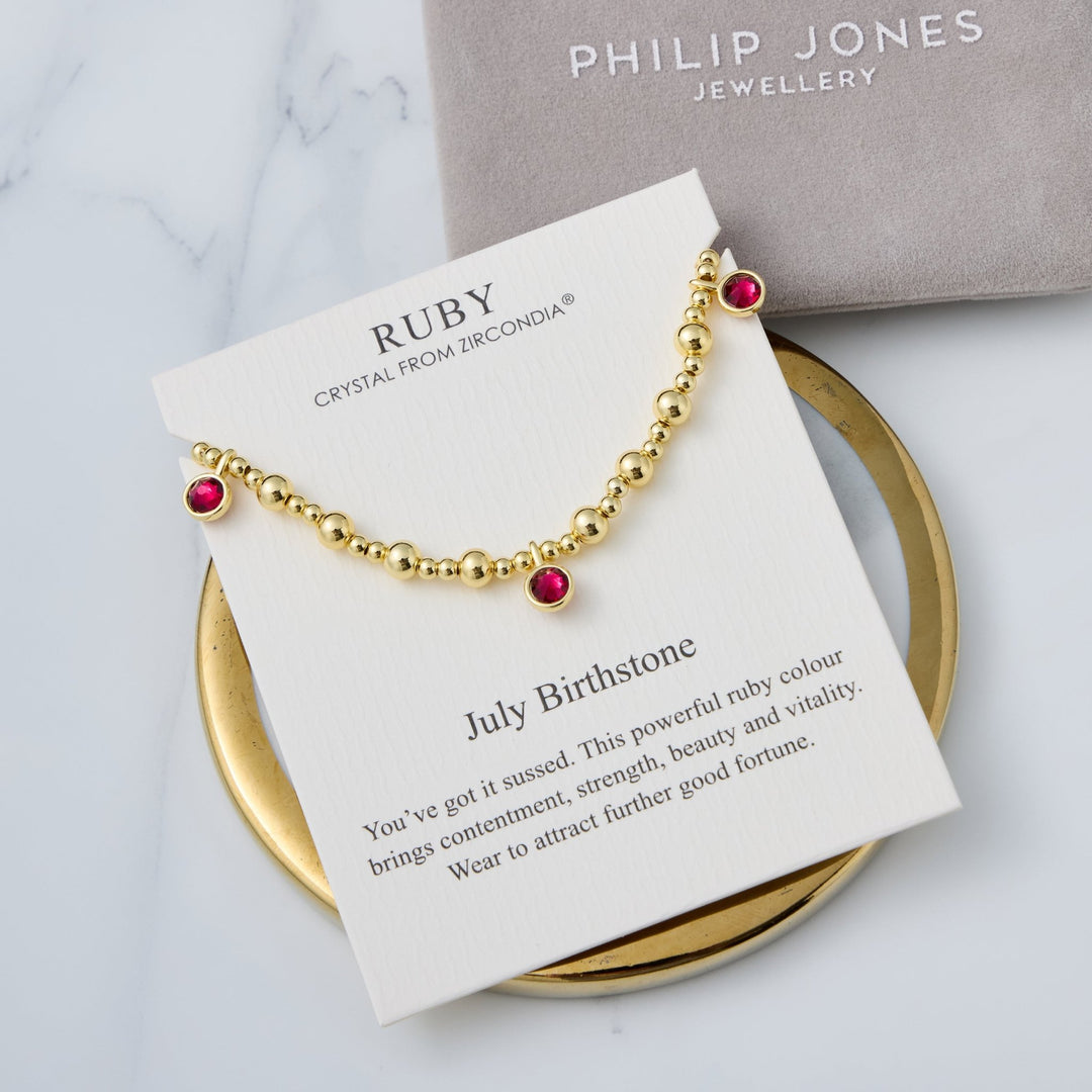 18k Gold Plated July (Ruby) Birthstone Stretch Charm Bracelet with Quote Card - Philip Jones Jewellery