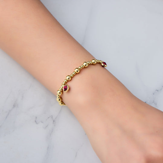 18k Gold Plated July (Ruby) Birthstone Stretch Charm Bracelet with Quote Card - Philip Jones Jewellery