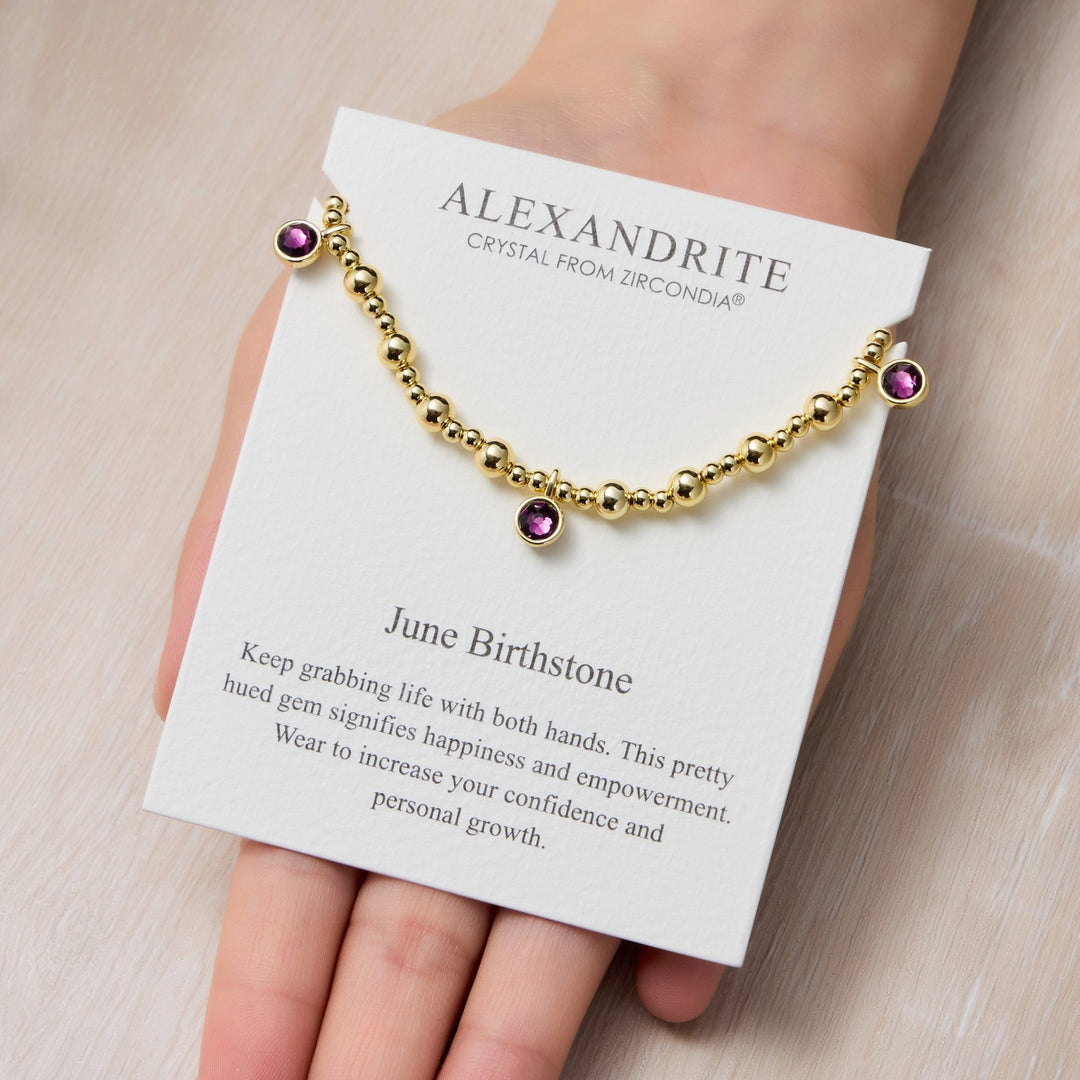 18k Gold Plated June (Alexandrite) Birthstone Stretch Charm Bracelet with Quote Card - Philip Jones Jewellery