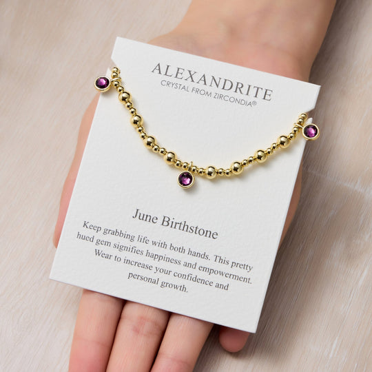 18k Gold Plated June (Alexandrite) Birthstone Stretch Charm Bracelet with Quote Card - Philip Jones Jewellery