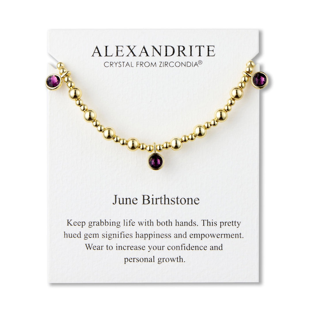 18k Gold Plated June (Alexandrite) Birthstone Stretch Charm Bracelet with Quote Card - Philip Jones Jewellery