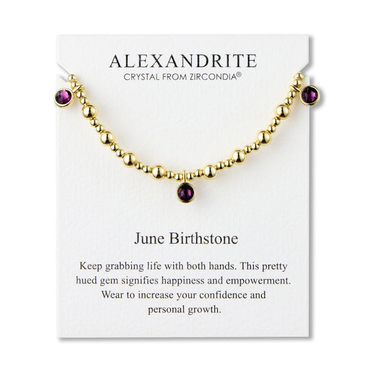 18k Gold Plated June (Alexandrite) Birthstone Stretch Charm Bracelet with Quote Card - Philip Jones Jewellery