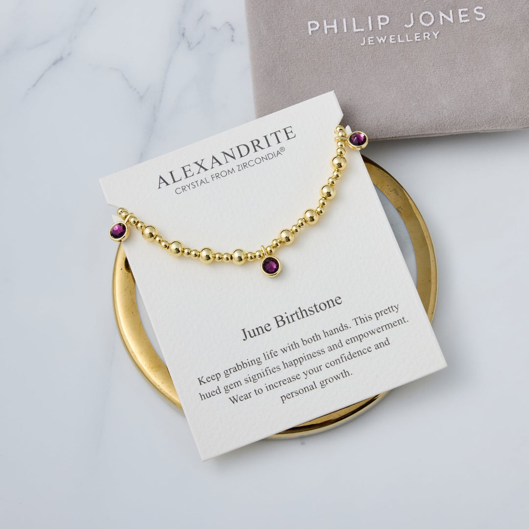 18k Gold Plated June (Alexandrite) Birthstone Stretch Charm Bracelet with Quote Card - Philip Jones Jewellery