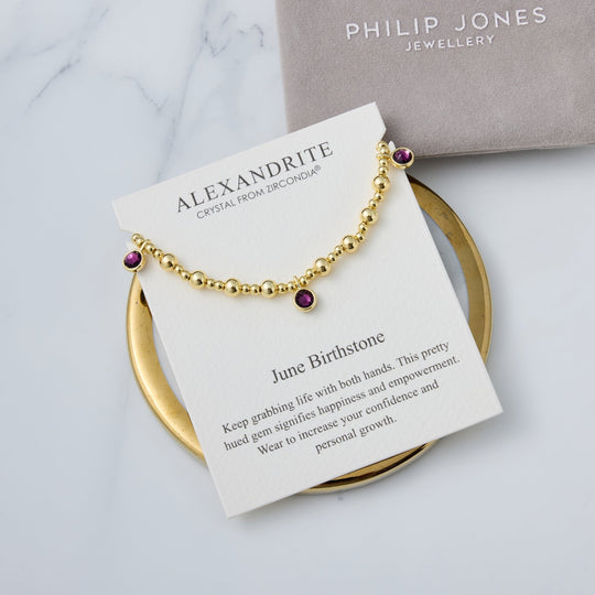 18k Gold Plated June (Alexandrite) Birthstone Stretch Charm Bracelet with Quote Card - Philip Jones Jewellery