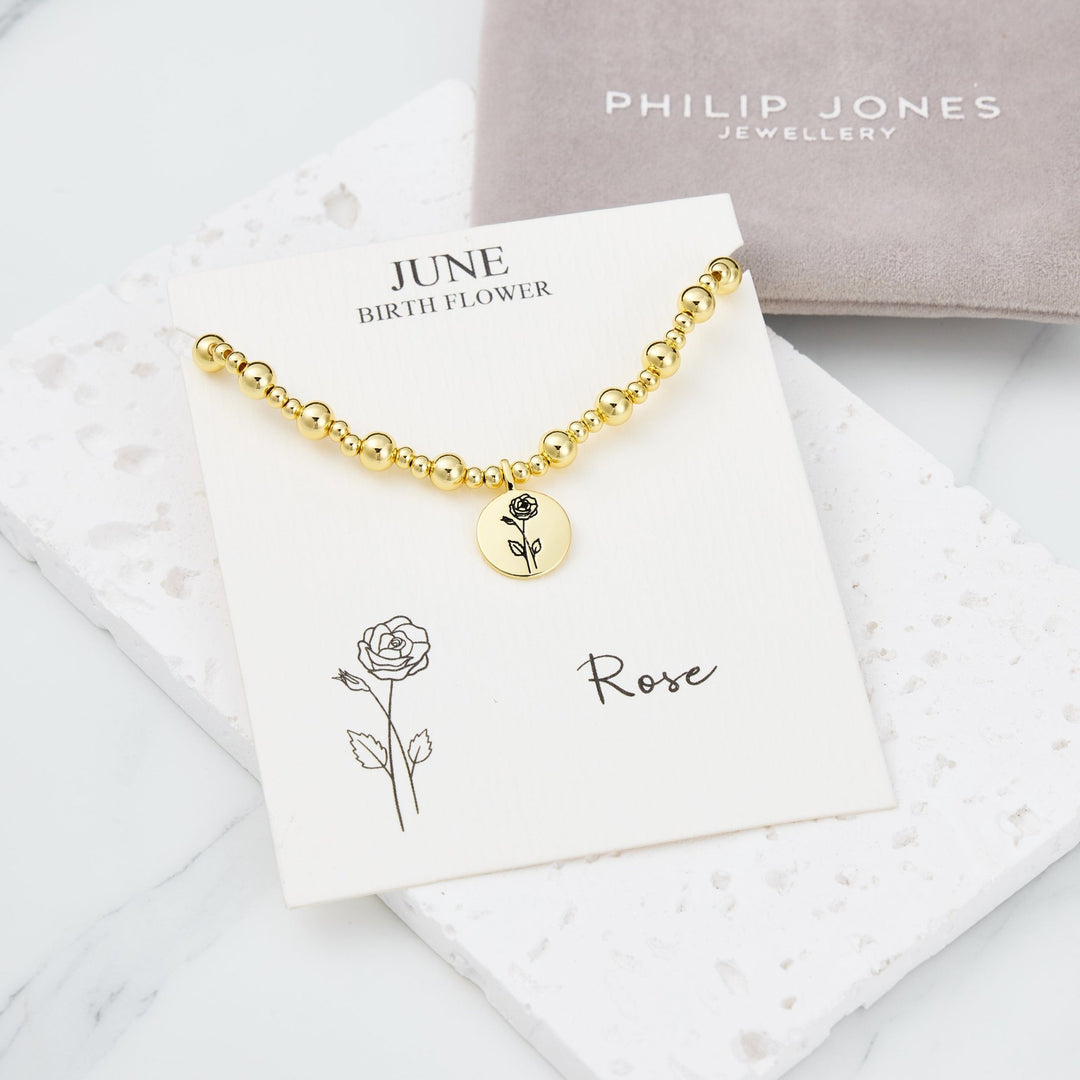 18k Gold Plated June Birth Flower Rose Beaded Stretch Bracelet with Card