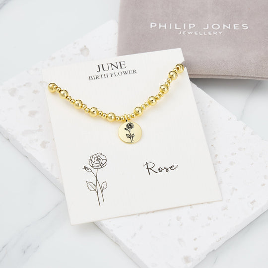 18k Gold Plated June Birth Flower Rose Beaded Stretch Bracelet with Card