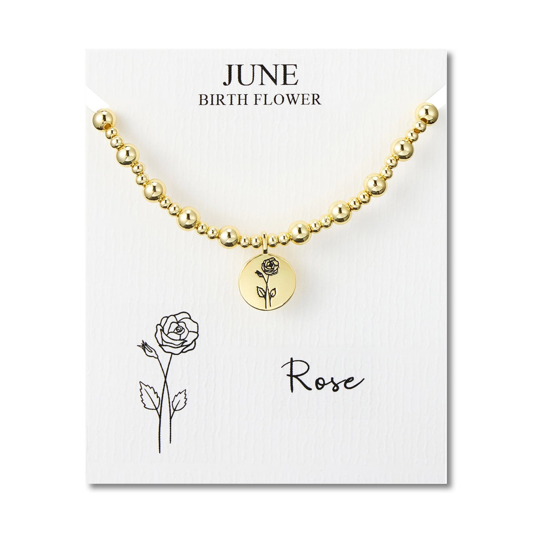 18k Gold Plated June Birth Flower Rose Beaded Stretch Bracelet with Card - Philip Jones