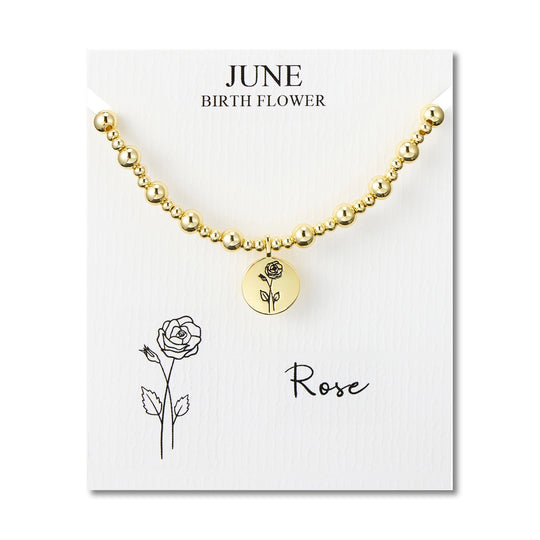 18k Gold Plated June Birth Flower Rose Beaded Stretch Bracelet with Card - Philip Jones