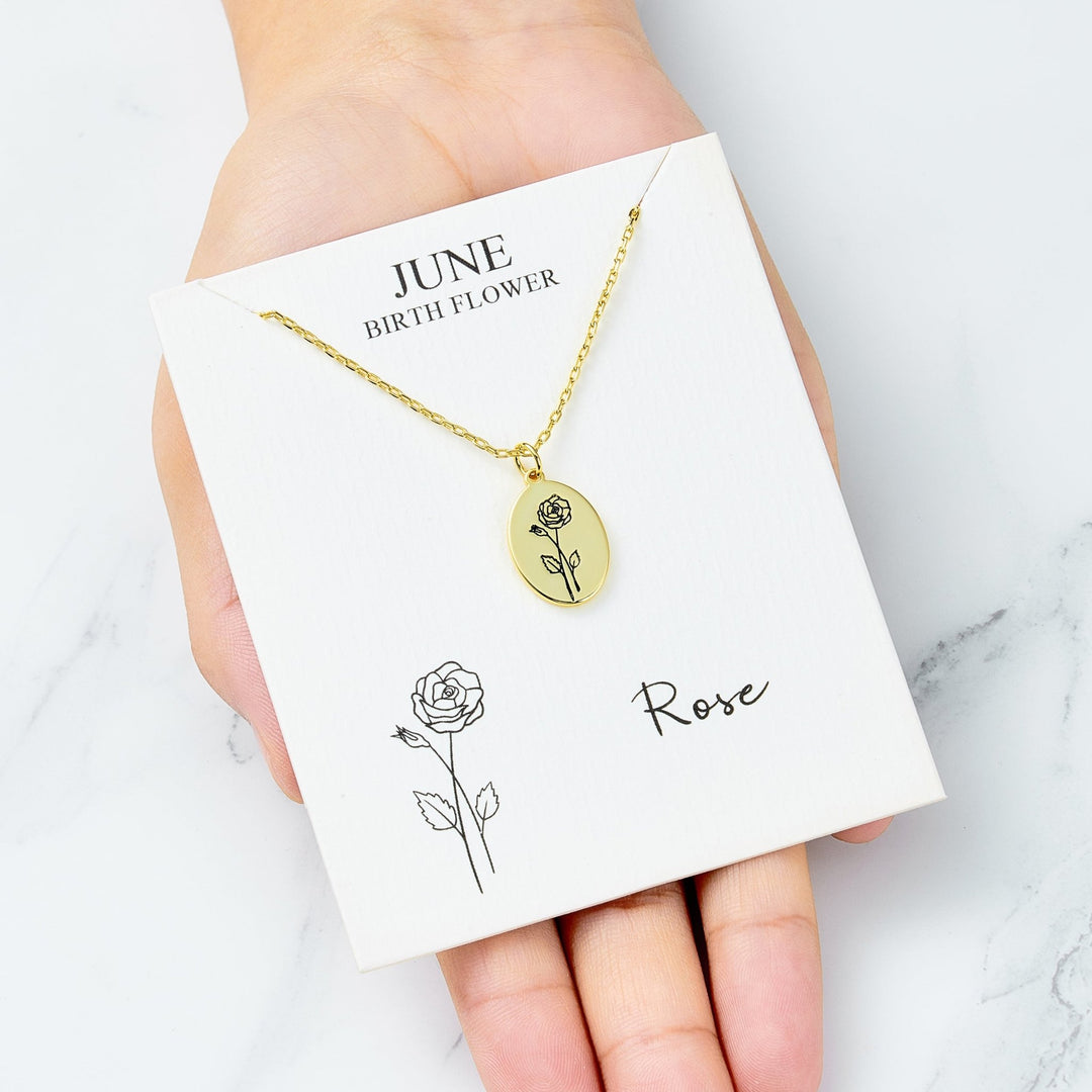 18k Gold Plated June Birth Flower Rose Necklace with Card