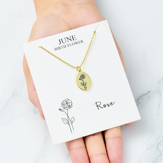 18k Gold Plated June Birth Flower Rose Necklace with Card