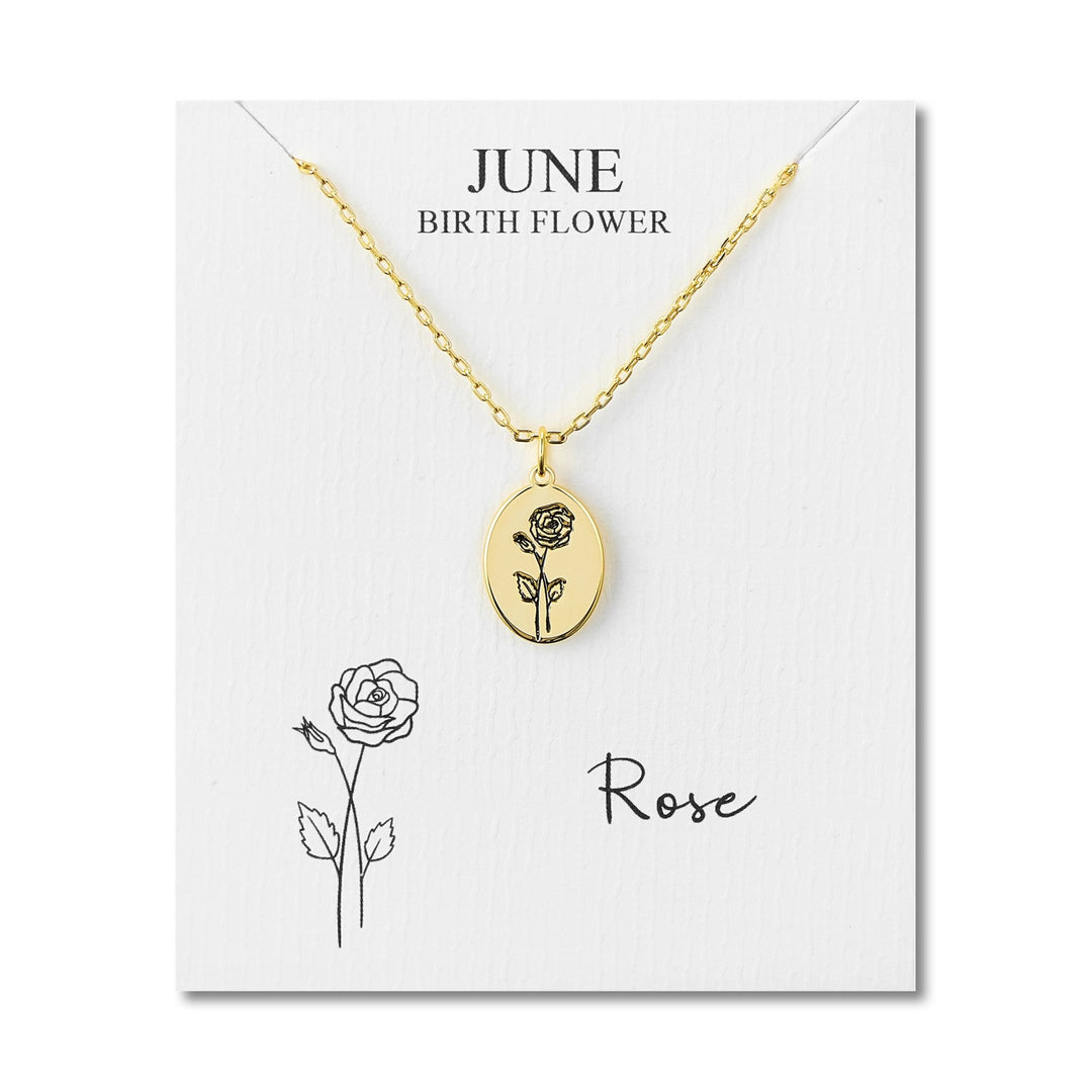 18k Gold Plated June Birth Flower Rose Necklace with Card - Philip Jones