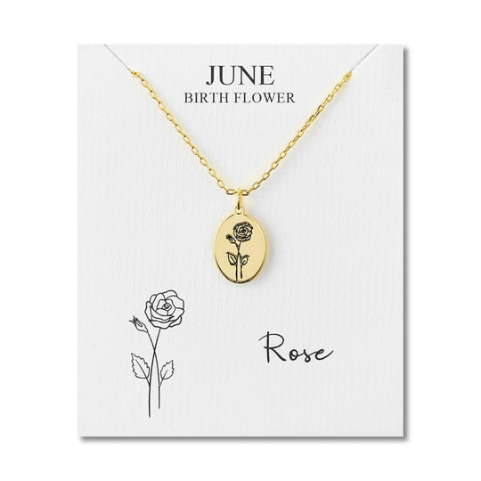 18k Gold Plated June Birth Flower Rose Necklace with Card - Philip Jones