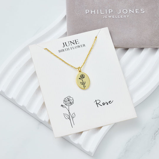 18k Gold Plated June Birth Flower Rose Necklace with Card