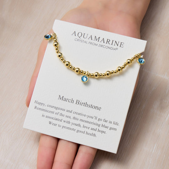 18k Gold Plated March (Aquamarine) Birthstone Stretch Charm Bracelet with Quote Card - Philip Jones Jewellery