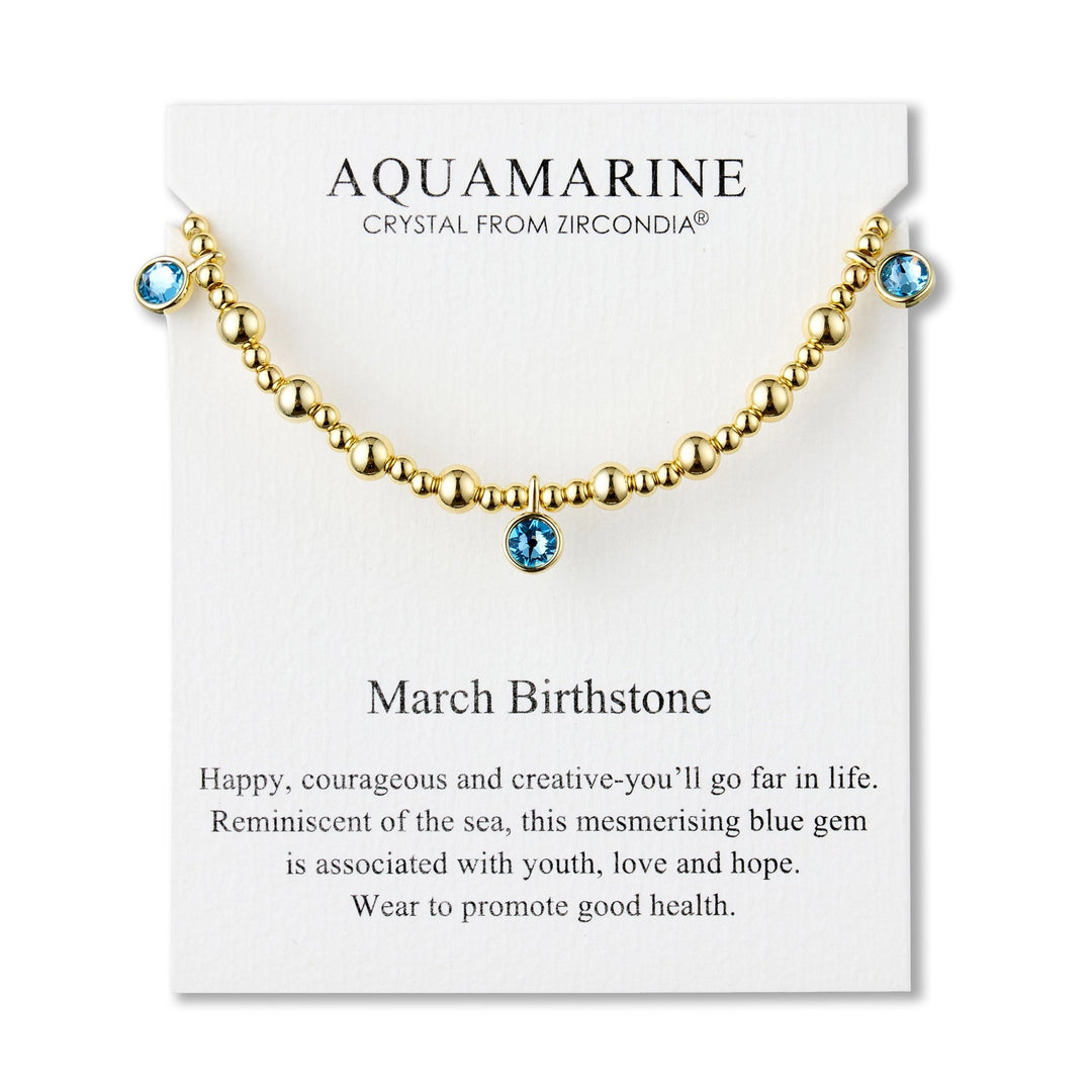 18k Gold Plated March (Aquamarine) Birthstone Stretch Charm Bracelet with Quote Card - Philip Jones Jewellery
