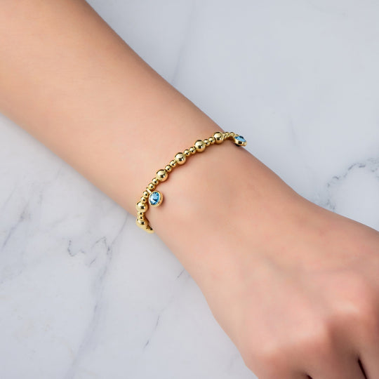 18k Gold Plated March (Aquamarine) Birthstone Stretch Charm Bracelet with Quote Card - Philip Jones Jewellery