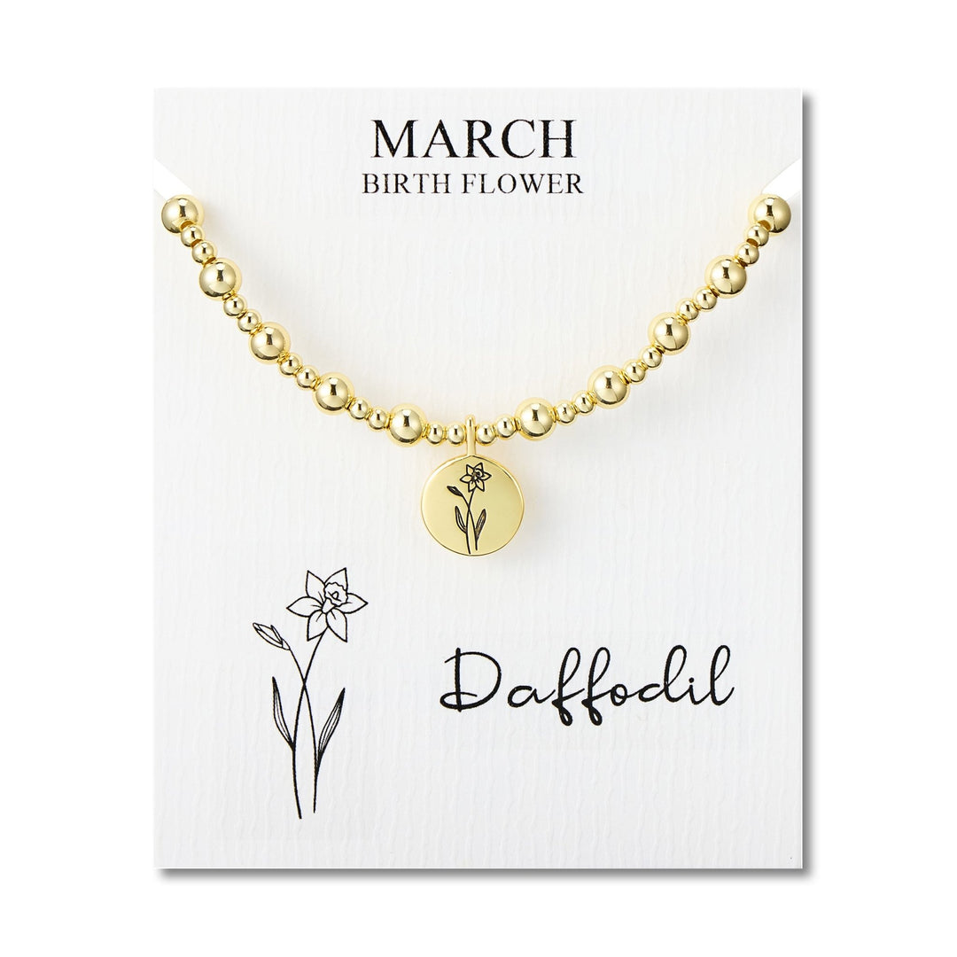 18k Gold Plated March Birth Flower Daffodil Beaded Stretch Bracelet with Card - Philip Jones