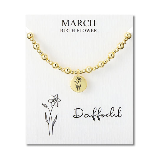 18k Gold Plated March Birth Flower Daffodil Beaded Stretch Bracelet with Card - Philip Jones