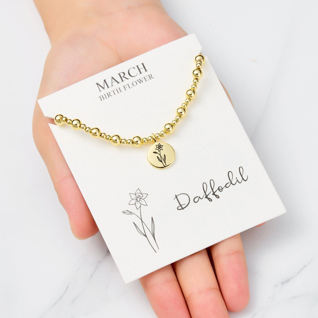 18k Gold Plated March Birth Flower Daffodil Beaded Stretch Bracelet with Card