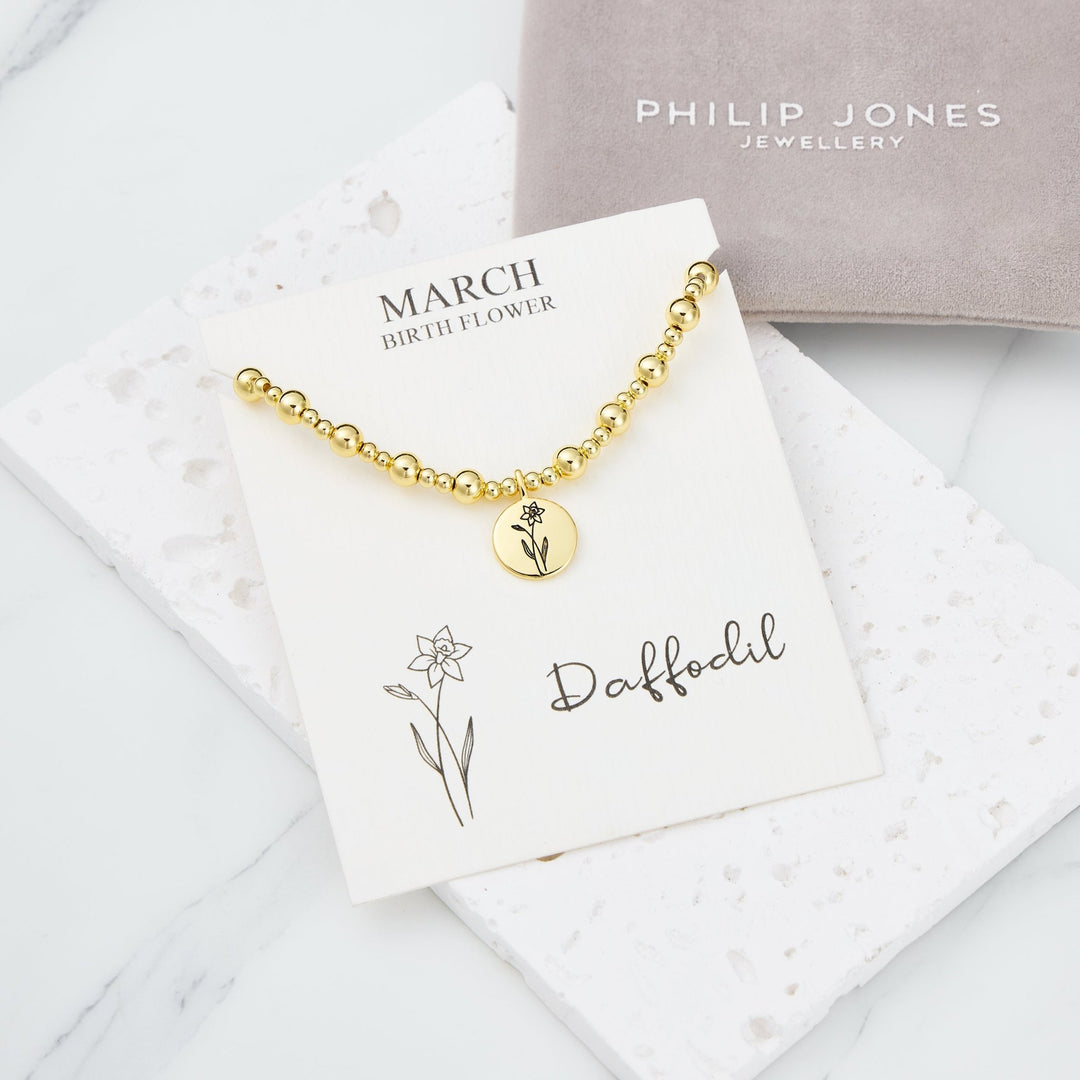 18k Gold Plated March Birth Flower Daffodil Beaded Stretch Bracelet with Card