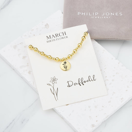 18k Gold Plated March Birth Flower Daffodil Beaded Stretch Bracelet with Card