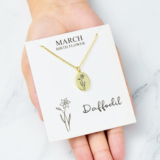18k Gold Plated March Birth Flower Daffodil Necklace with Card