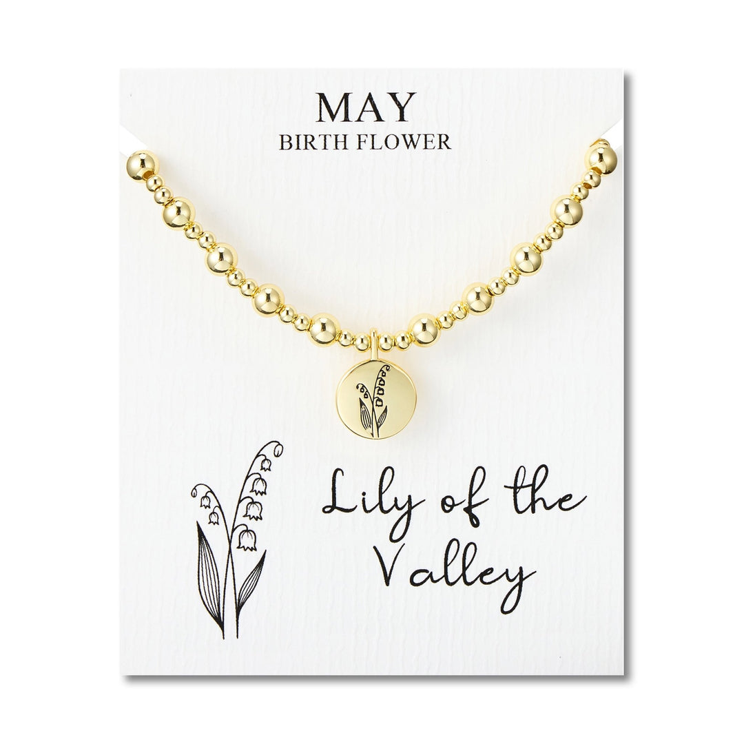 18k Gold Plated May Birth Flower Lily of the Valley Beaded Stretch Bracelet with Card - Philip Jones
