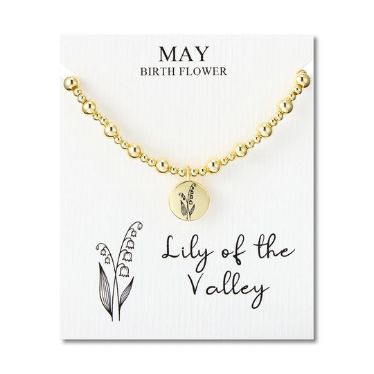 18k Gold Plated May Birth Flower Lily of the Valley Beaded Stretch Bracelet with Card - Philip Jones