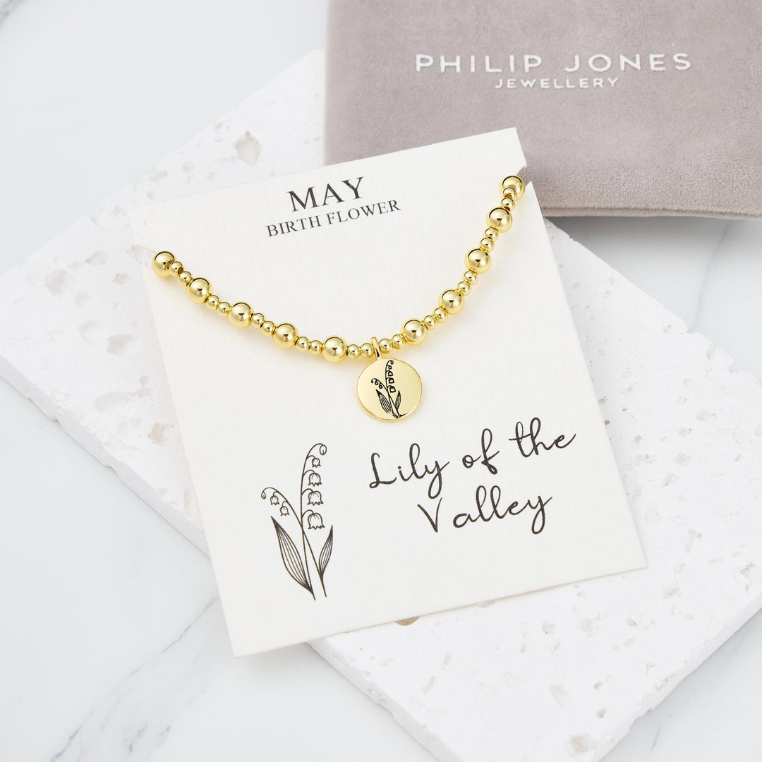 18k Gold Plated May Birth Flower Lily of the Valley Beaded Stretch Bracelet with Card