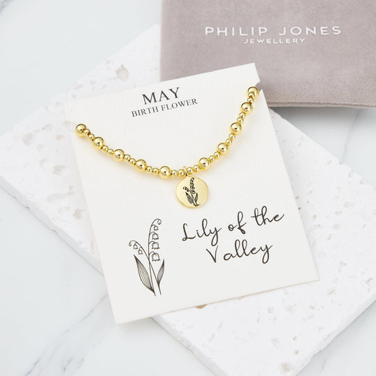 18k Gold Plated May Birth Flower Lily of the Valley Beaded Stretch Bracelet with Card