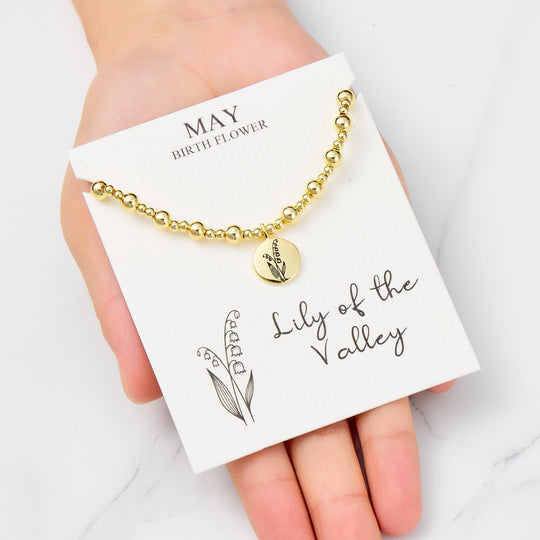 18k Gold Plated May Birth Flower Lily of the Valley Beaded Stretch Bracelet with Card