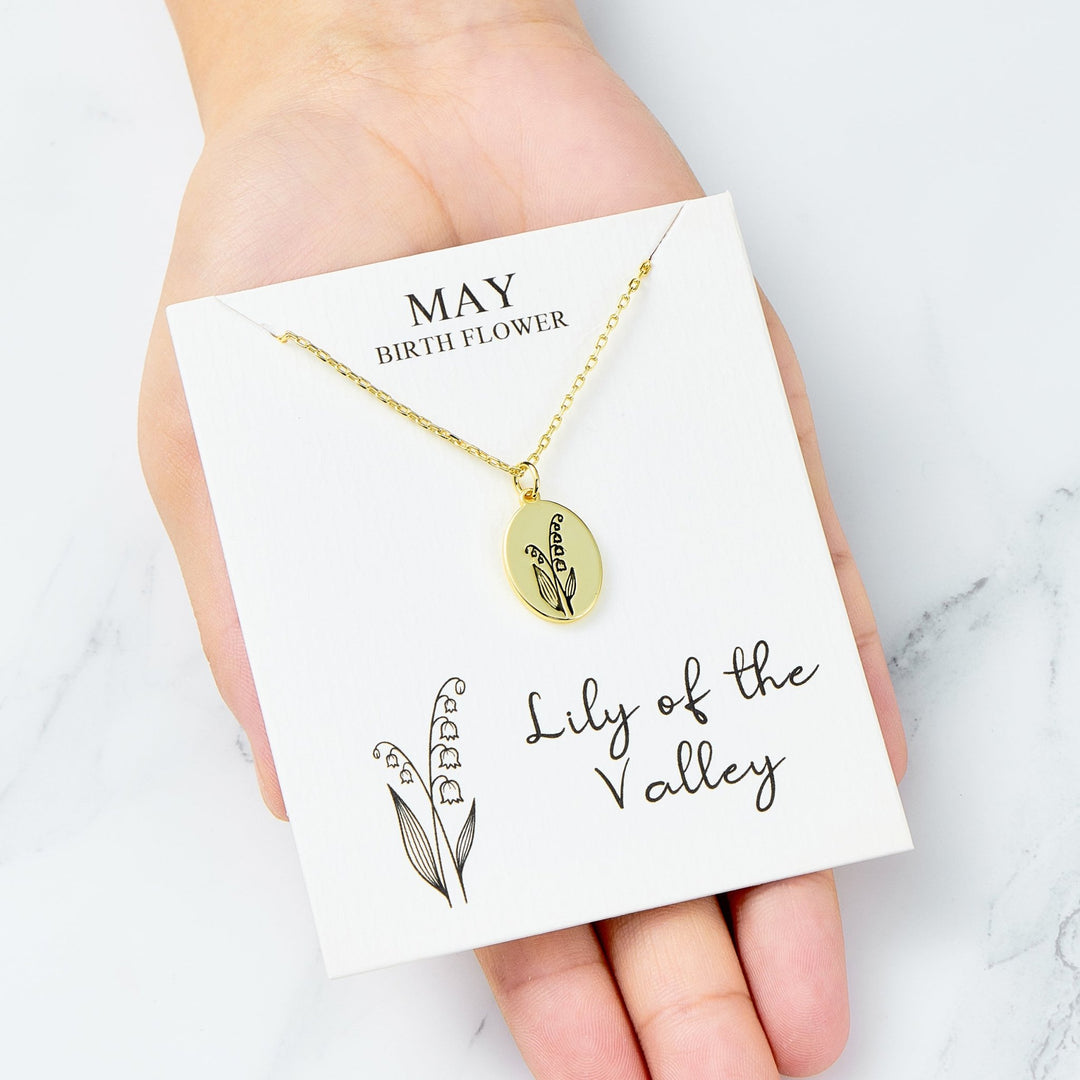 18k Gold Plated May Birth Flower Lily of the Valley Necklace with Card