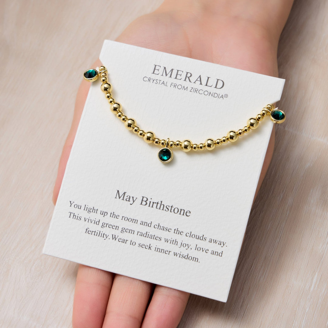 18k Gold Plated May (Emerald) Birthstone Stretch Charm Bracelet with Quote Card - Philip Jones Jewellery