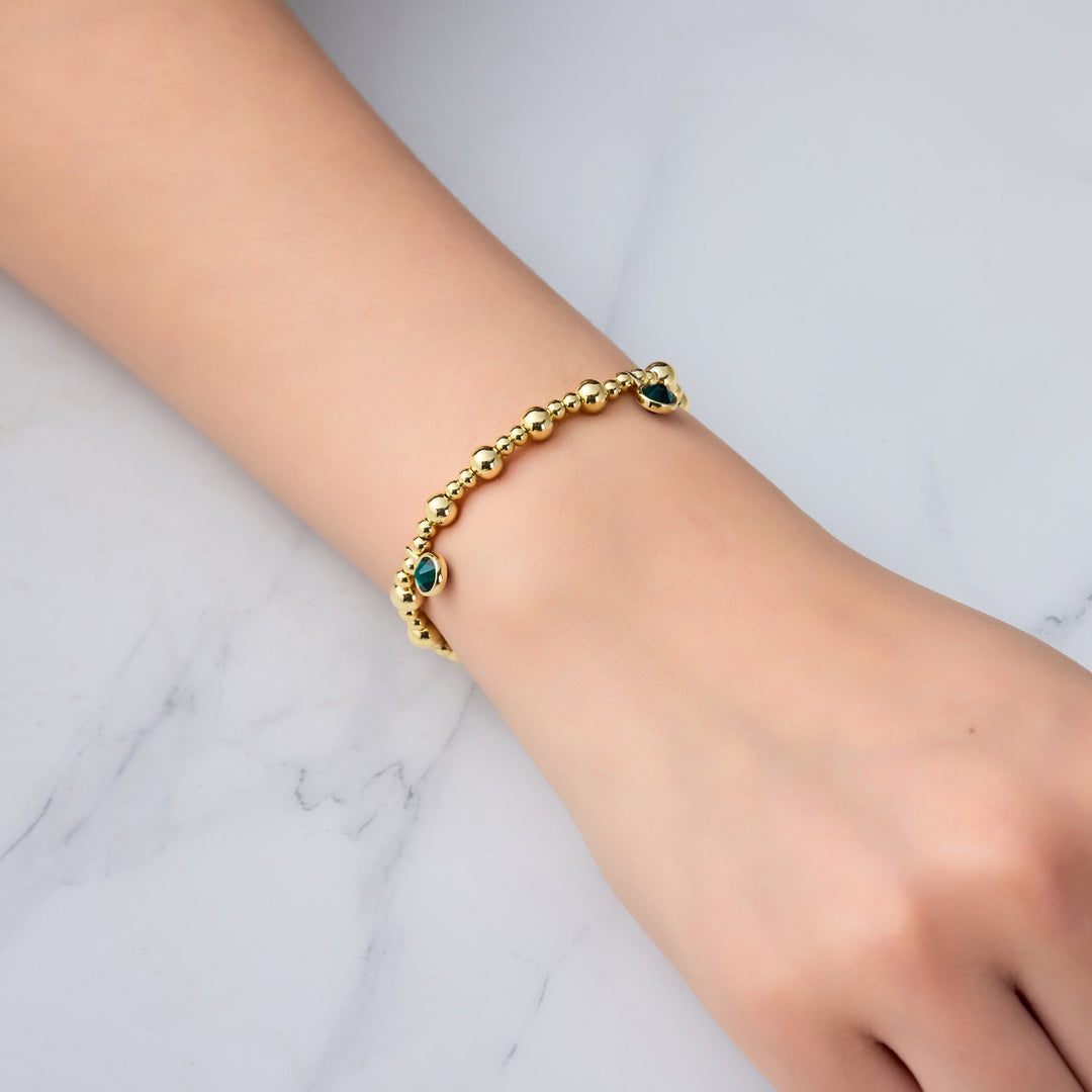 18k Gold Plated May (Emerald) Birthstone Stretch Charm Bracelet with Quote Card - Philip Jones Jewellery