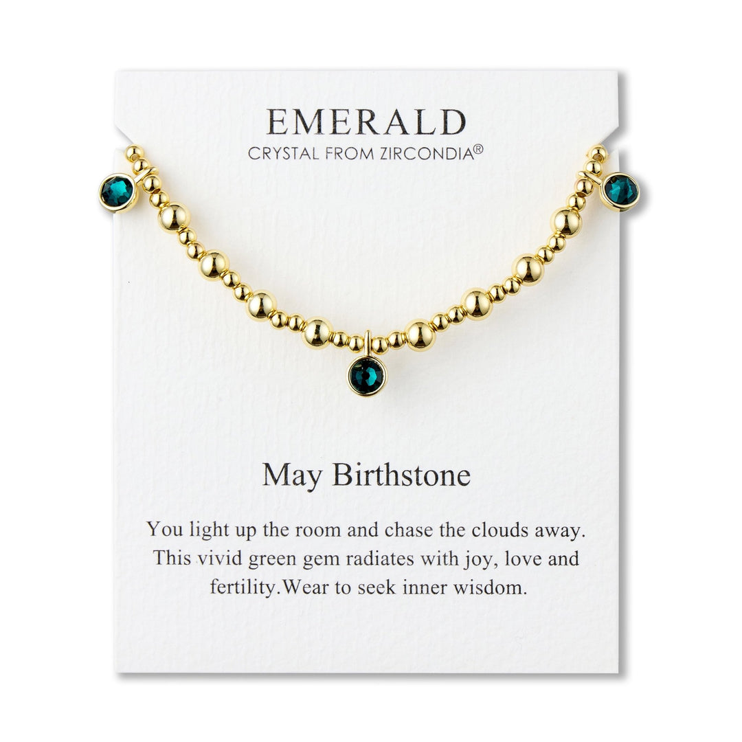 18k Gold Plated May (Emerald) Birthstone Stretch Charm Bracelet with Quote Card - Philip Jones Jewellery