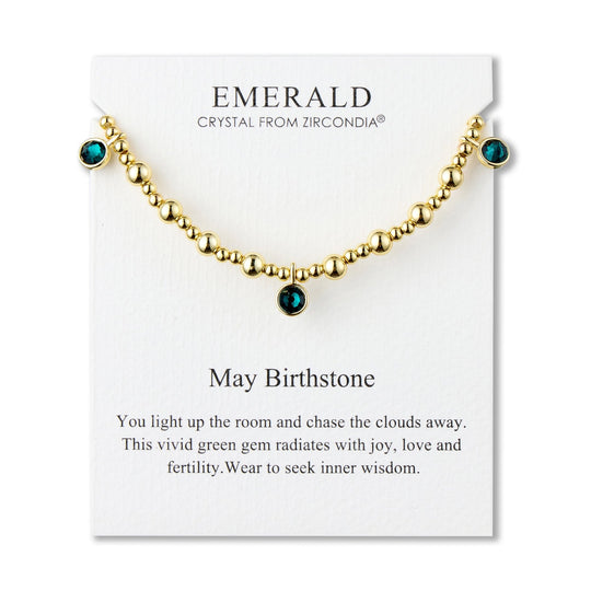 18k Gold Plated May (Emerald) Birthstone Stretch Charm Bracelet with Quote Card - Philip Jones Jewellery