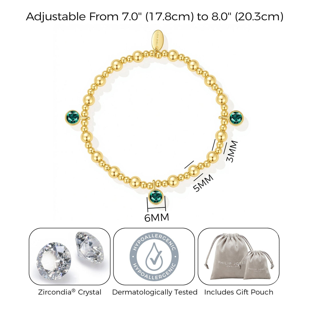 18k Gold Plated May (Emerald) Birthstone Stretch Charm Bracelet with Quote Card - Philip Jones Jewellery