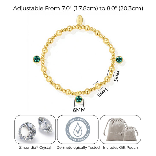 18k Gold Plated May (Emerald) Birthstone Stretch Charm Bracelet with Quote Card - Philip Jones Jewellery