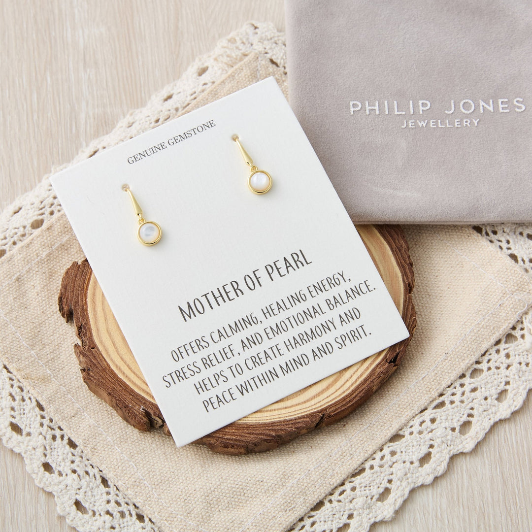 18k Gold Plated Mother of Pearl Drop Earrings with Quote Card - Philip Jones Jewellery