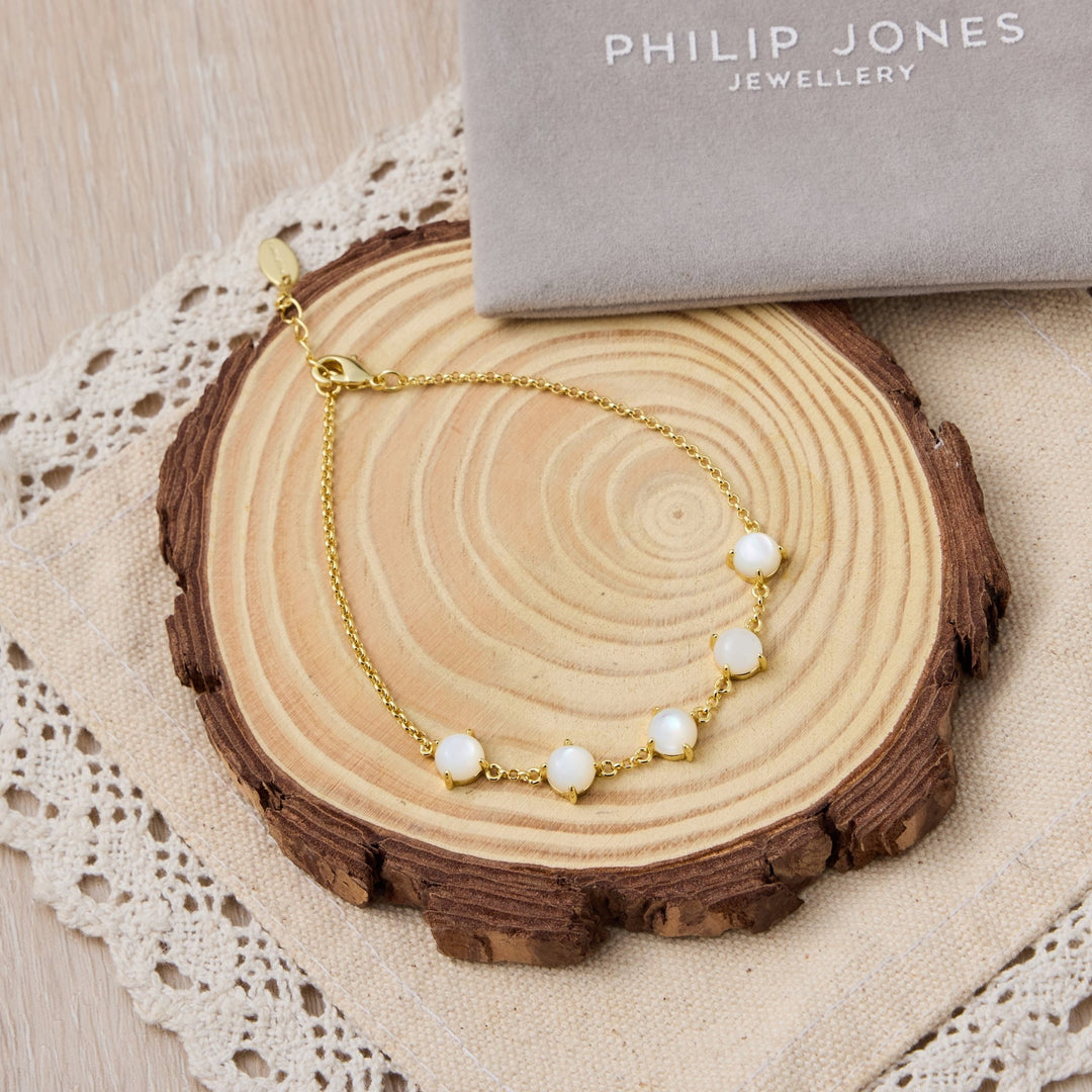 18k Gold Plated Mother of Pearl Gemstone Bracelet - Philip Jones Jewellery