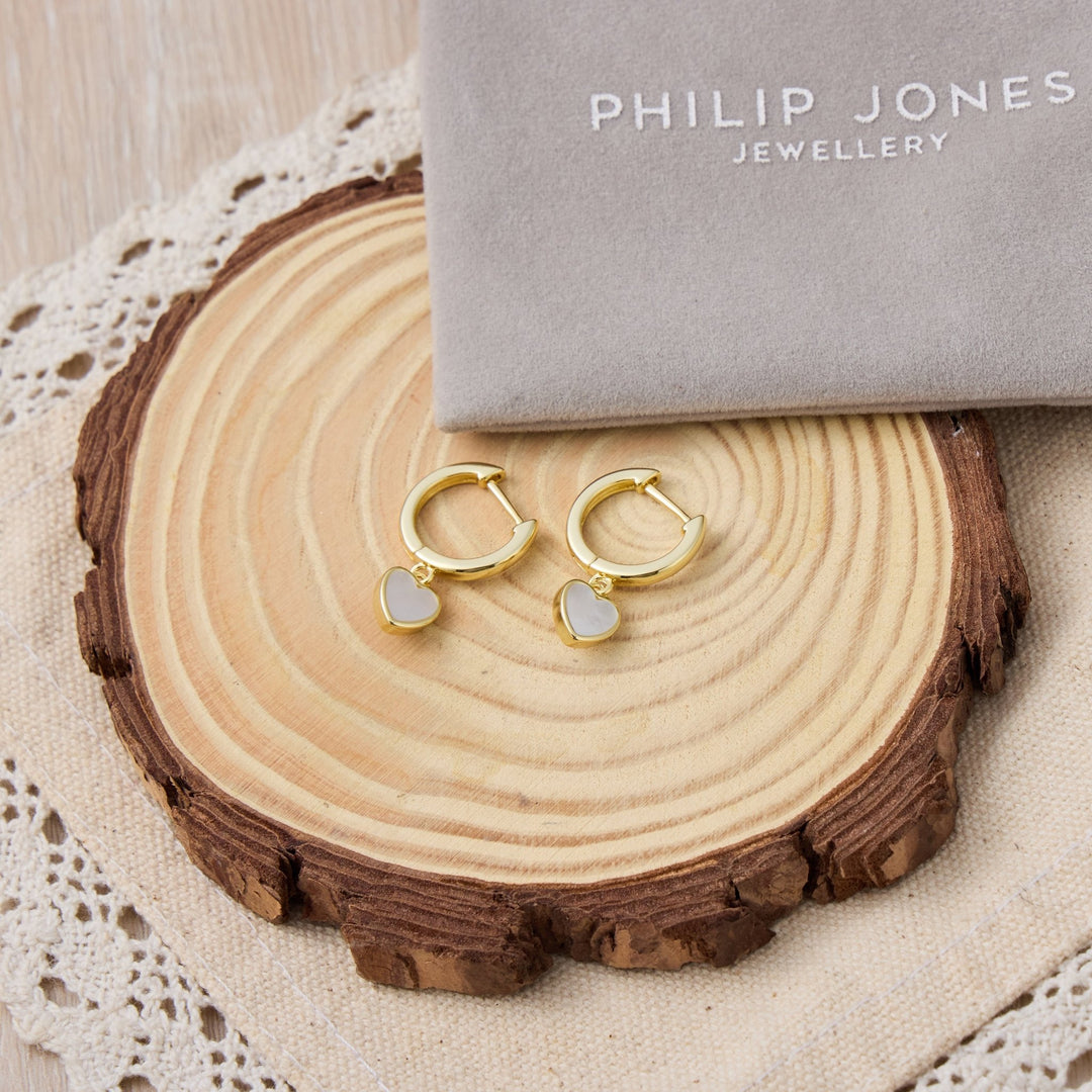 18k Gold Plated Mother of Pearl Gemstone Heart Charm Hoop Earrings - Philip Jones Jewellery