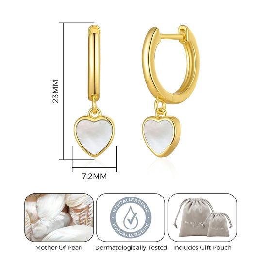 18k Gold Plated Mother of Pearl Gemstone Heart Charm Hoop Earrings - Philip Jones Jewellery