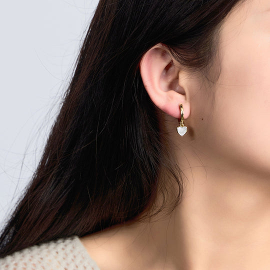 18k Gold Plated Mother of Pearl Gemstone Heart Charm Hoop Earrings - Philip Jones Jewellery